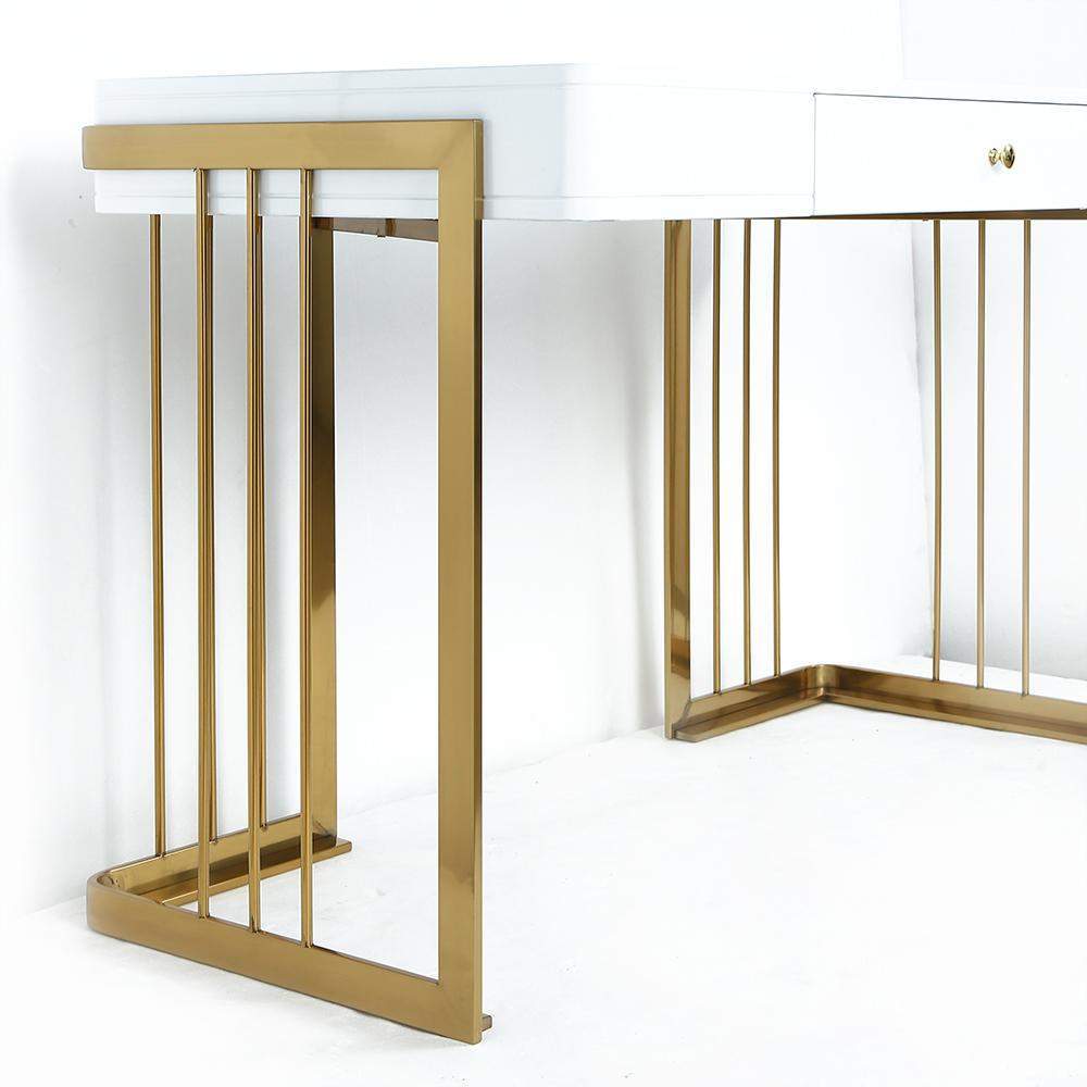 47" Glossy White Writing Desk with Drawer Modern Office Desk Gold Base-Desks,Furniture,Office Furniture