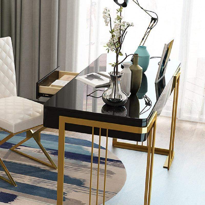 47" Glossy White Writing Desk with Drawer Modern Office Desk Gold Base-Desks,Furniture,Office Furniture
