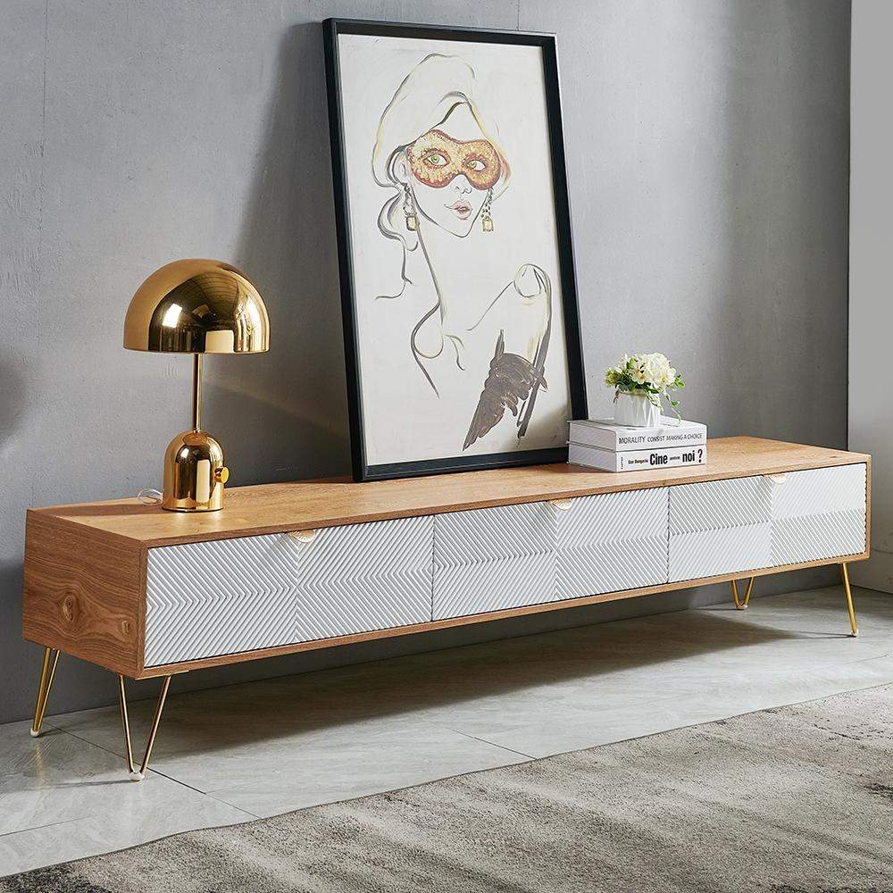 78.7" Inch Modern Nordic Wooden TV Stand in White & Gold with 3 Drawer for 85 Inch TV-Richsoul-Furniture,Living Room Furniture,TV Stands