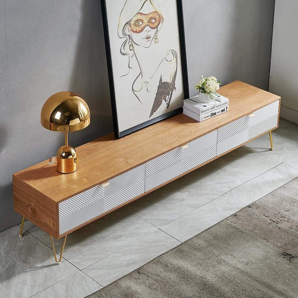 78.7" Inch Modern Nordic Wooden TV Stand in White & Gold with 3 Drawer for 85 Inch TV-Richsoul-Furniture,Living Room Furniture,TV Stands