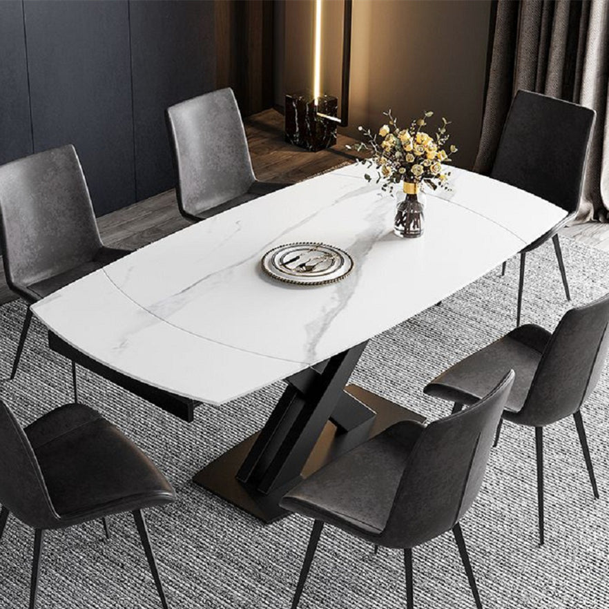 71" Modern Extendable White Stone Dining Table with Drop Leaf Trestle Base 4-6 Seater