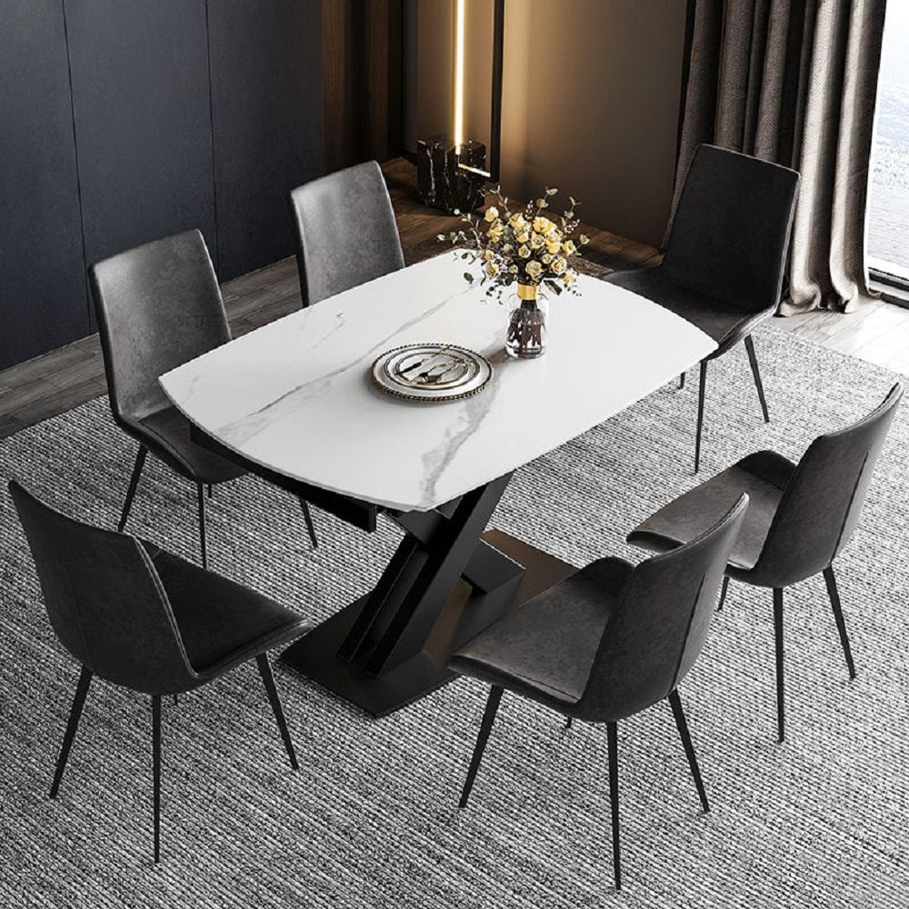 71" Modern Extendable White Stone Dining Table with Drop Leaf Trestle Base 4-6 Seater