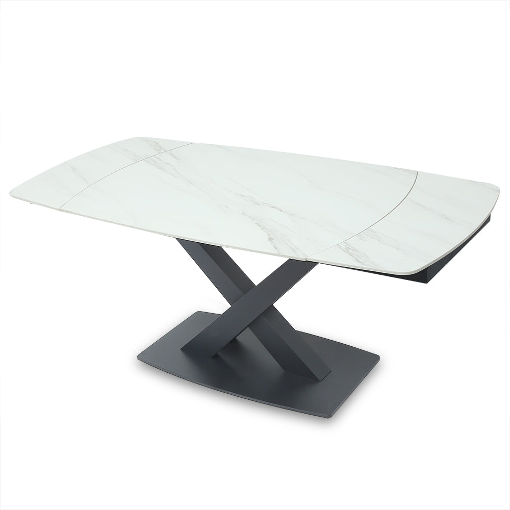 71" Modern Extendable White Stone Dining Table with Drop Leaf Trestle Base 4-6 Seater