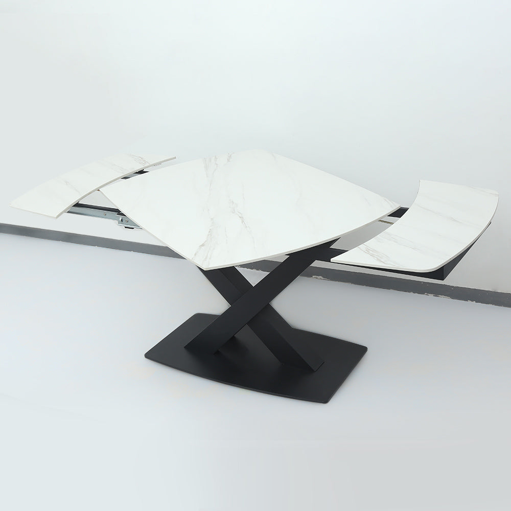 71" Modern Extendable White Stone Dining Table with Drop Leaf Trestle Base 4-6 Seater
