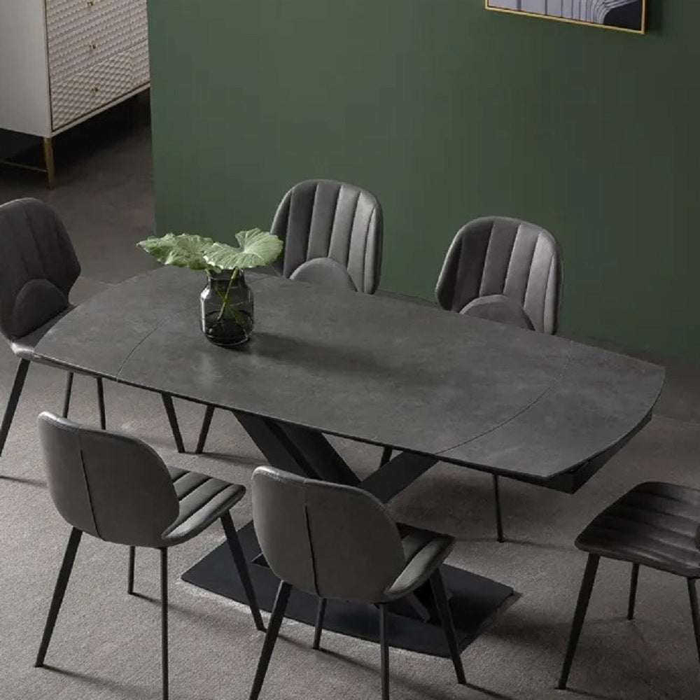 71" Modern Expandable Gray Stone Dining Table with Drop Leaf & Trestle Base 4-6 Person