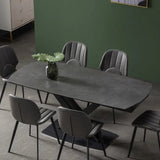 71" Modern Expandable Gray Stone Dining Table with Drop Leaf & Trestle Base 4-6 Person