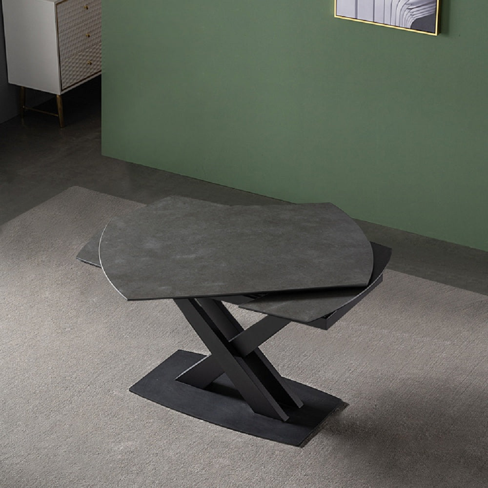 71" Modern Expandable Gray Stone Dining Table with Drop Leaf & Trestle Base 4-6 Person