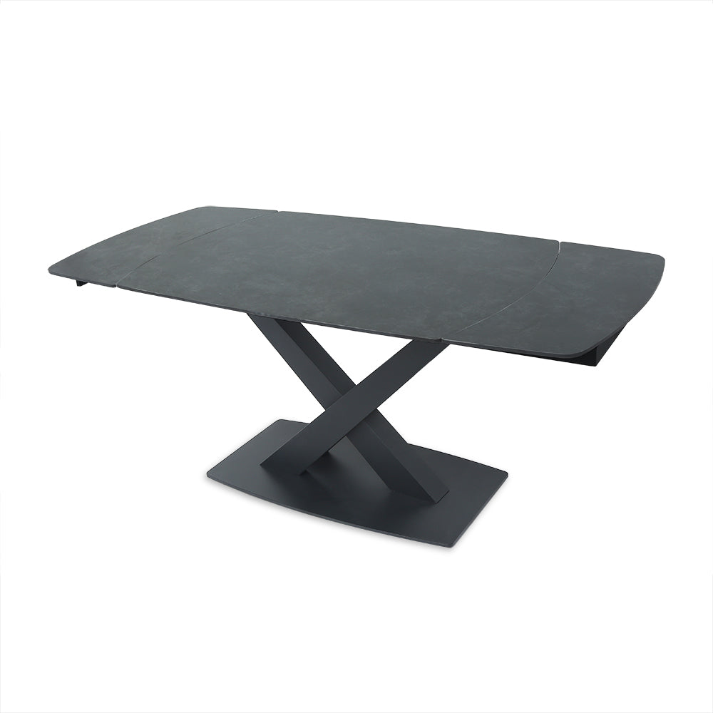 71" Modern Expandable Gray Stone Dining Table with Drop Leaf & Trestle Base 4-6 Person