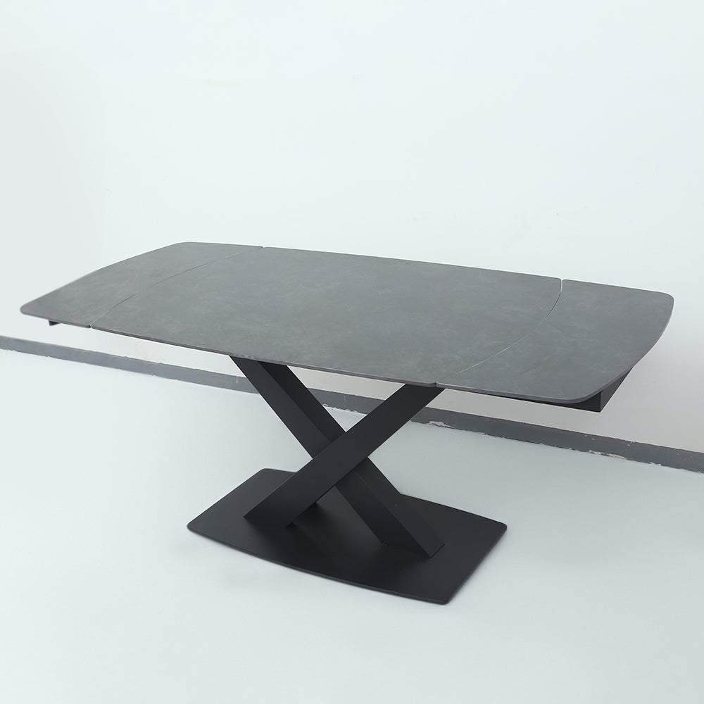 71" Modern Expandable Gray Stone Dining Table with Drop Leaf & Trestle Base 4-6 Person