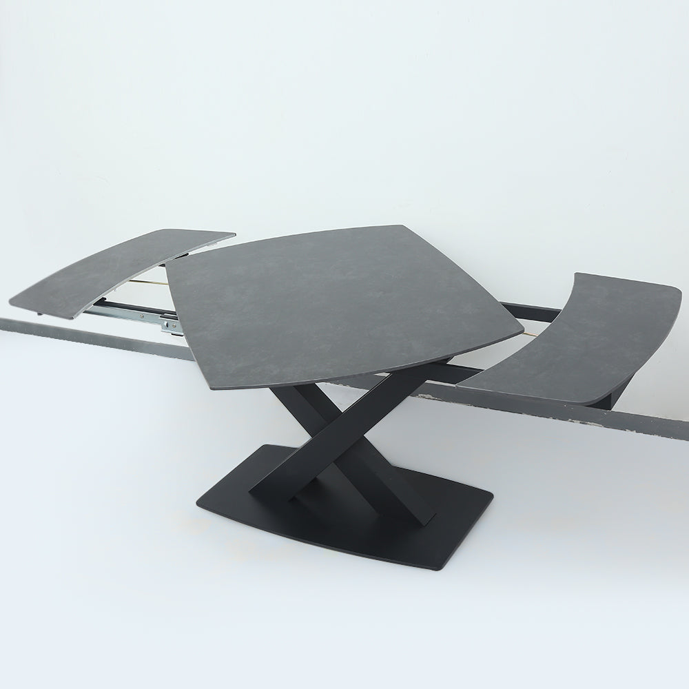 71" Modern Expandable Gray Stone Dining Table with Drop Leaf & Trestle Base 4-6 Person