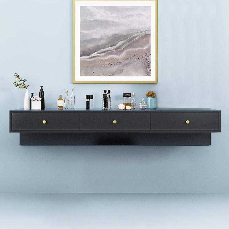 Modern Black Floating Desk Mounted Writing Desk with Drawers Side Cabinet Included-Desks,Furniture,Office Furniture