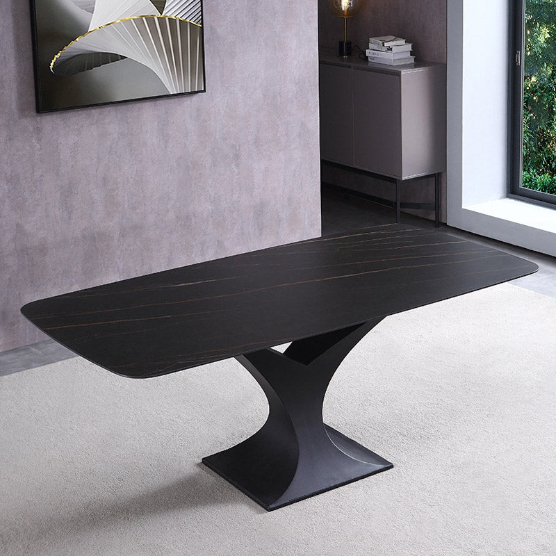 71" Modern Rectangle Stone Dining Table with Black Metal Y-Base in White
