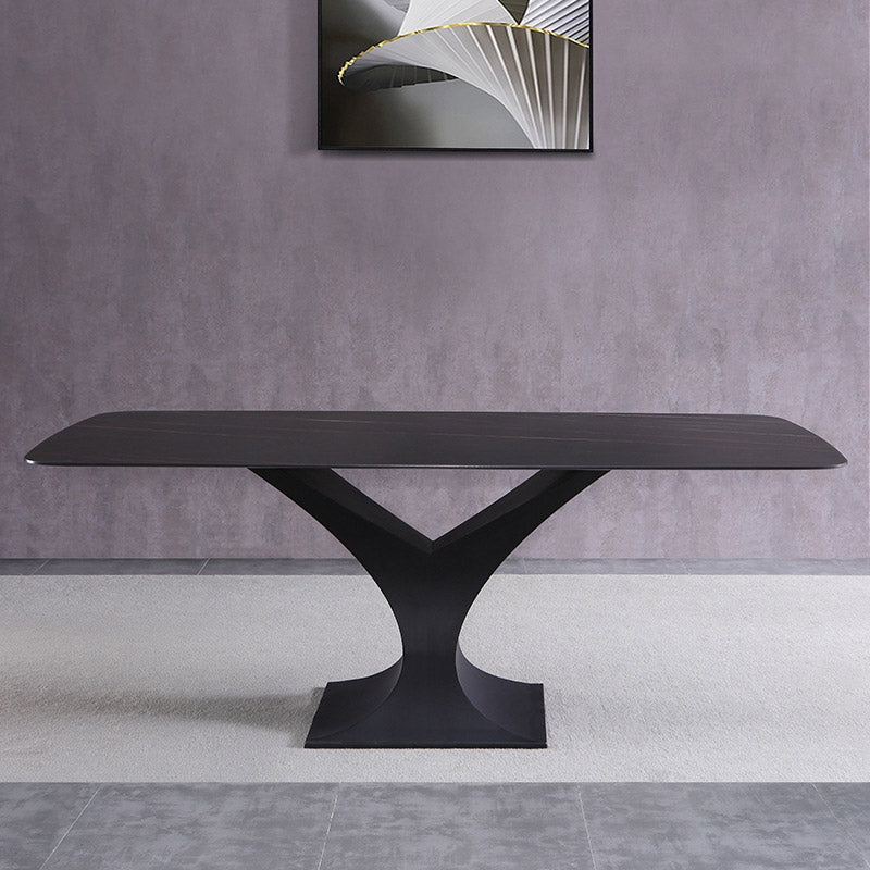 71" Modern Rectangle Stone Dining Table with Black Metal Y-Base in White