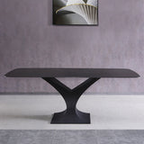 71" Modern Rectangle Stone Dining Table with Black Metal Y-Base in White