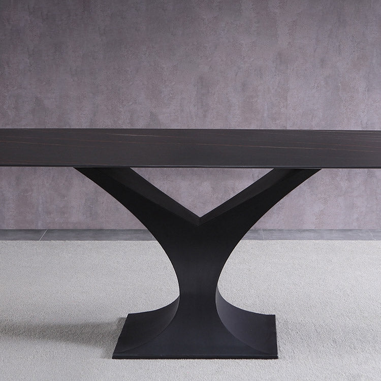 71" Modern Rectangle Stone Dining Table with Black Metal Y-Base in White