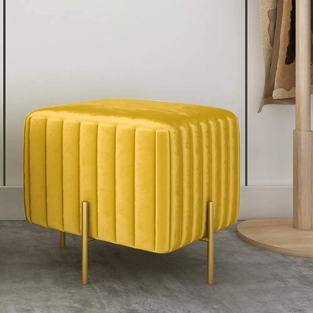 Contemporary Square Pouf Ottoman Round Upholstered Velvet Ottoman Footrest in Yellow-Richsoul-Furniture,Living Room Furniture,Ottomans & Benches