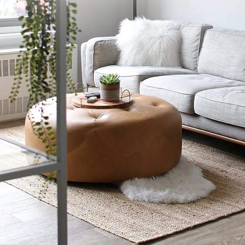 Brown 35.4''Dia Ottoman Round Stool Upholstered PU Leather Tufted Stool-Richsoul-Furniture,Living Room Furniture,Ottomans & Benches