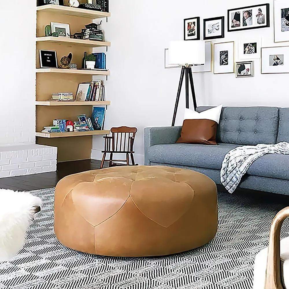 Brown 35.4''Dia Ottoman Round Stool Upholstered PU Leather Tufted Stool-Richsoul-Furniture,Living Room Furniture,Ottomans & Benches