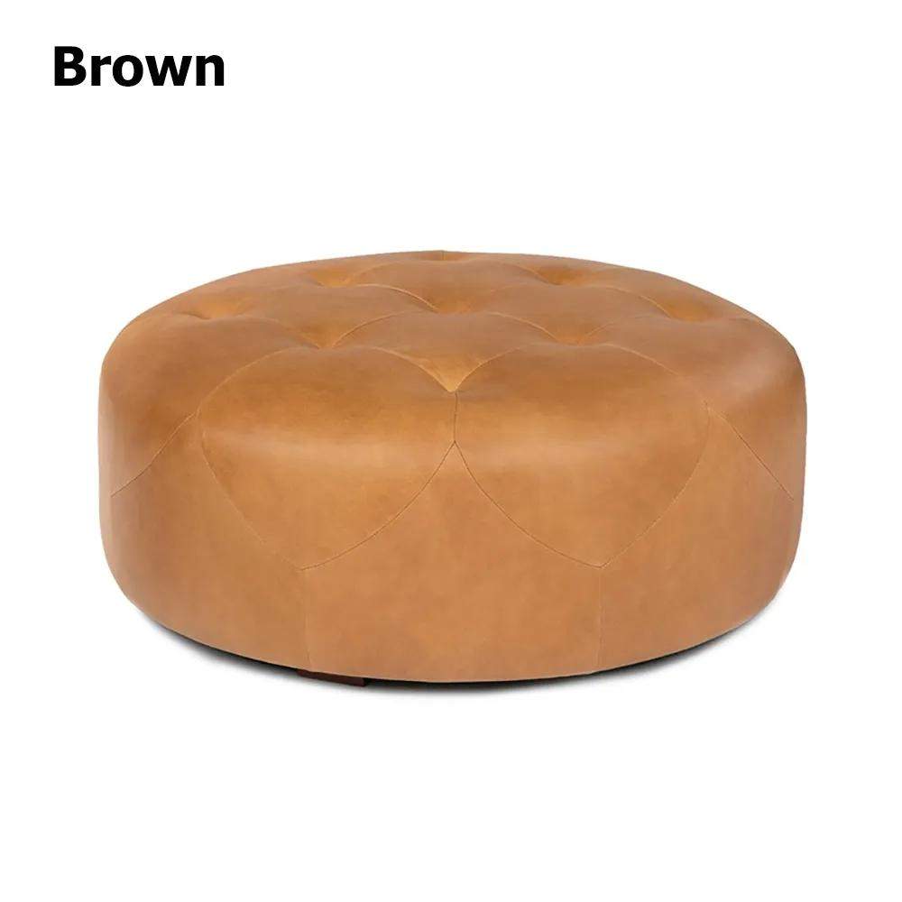 Brown 35.4''Dia Ottoman Round Stool Upholstered PU Leather Tufted Stool-Richsoul-Furniture,Living Room Furniture,Ottomans & Benches