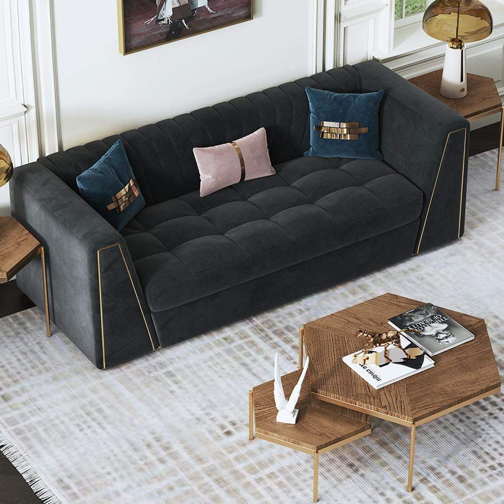 90.6" Modular Velvet Sofa Deep Gray Tufted Upholstery Modern Couch Floor Sofa in Large-Richsoul-Furniture,Living Room Furniture,Sofas & Loveseats