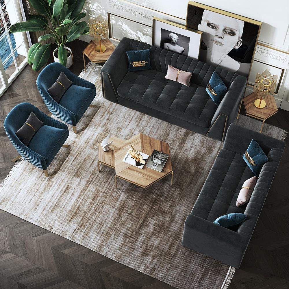 90.6" Modular Velvet Sofa Deep Gray Tufted Upholstery Modern Couch Floor Sofa in Large-Richsoul-Furniture,Living Room Furniture,Sofas & Loveseats