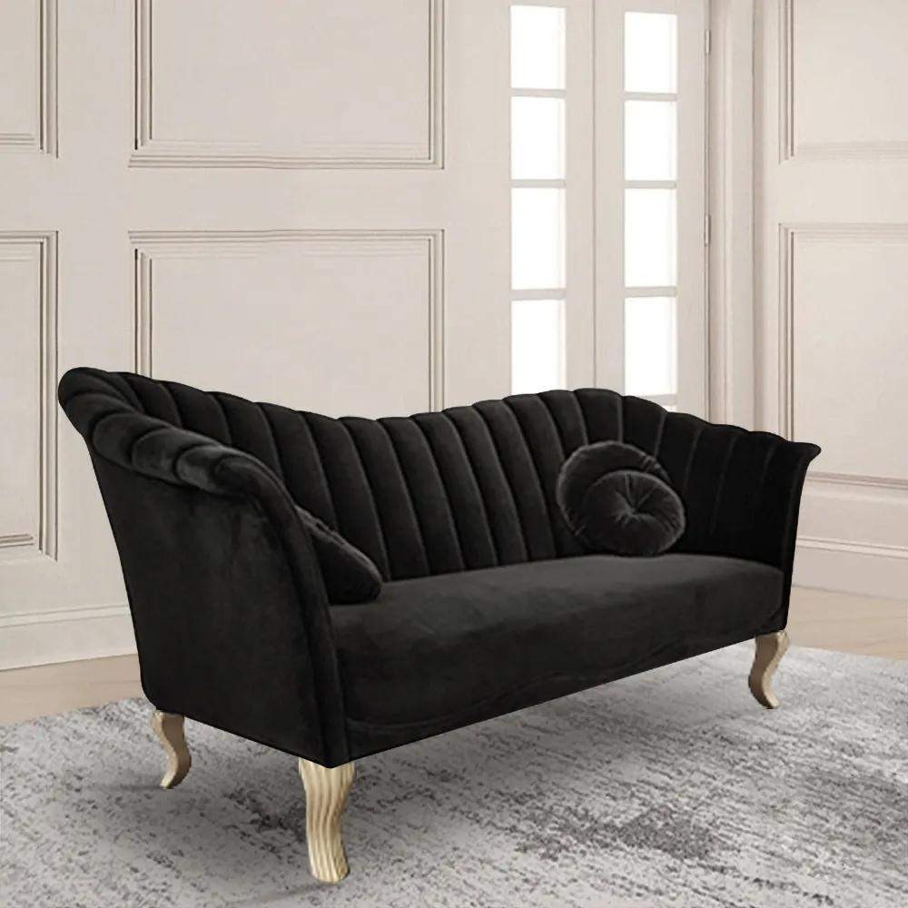 86.6" Black Velvet Upholstered Sofa Channel Tufted 3-Seater Sofa in Gold-Richsoul-Furniture,Living Room Furniture,Sofas & Loveseats