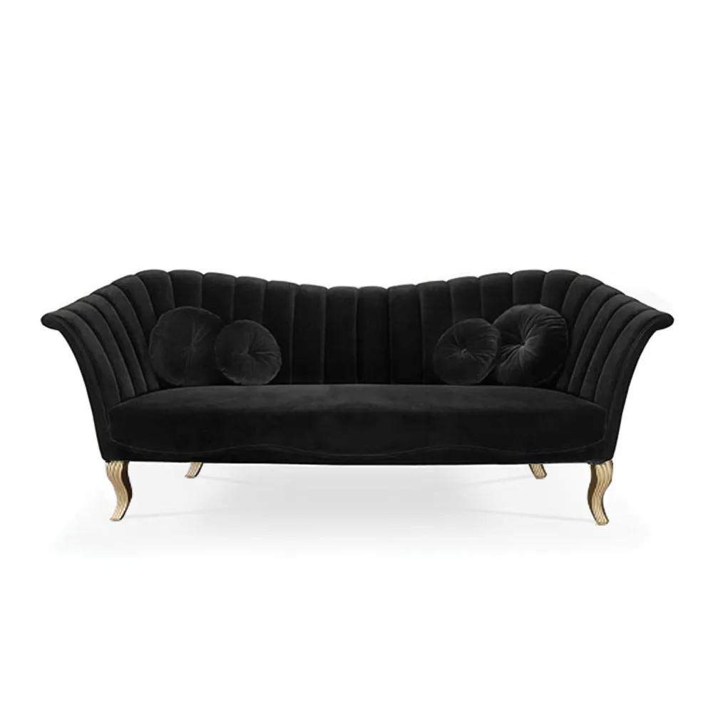 86.6" Black Velvet Upholstered Sofa Channel Tufted 3-Seater Sofa in Gold-Richsoul-Furniture,Living Room Furniture,Sofas & Loveseats