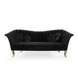86.6" Black Velvet Upholstered Sofa Channel Tufted 3-Seater Sofa in Gold-Richsoul-Furniture,Living Room Furniture,Sofas & Loveseats