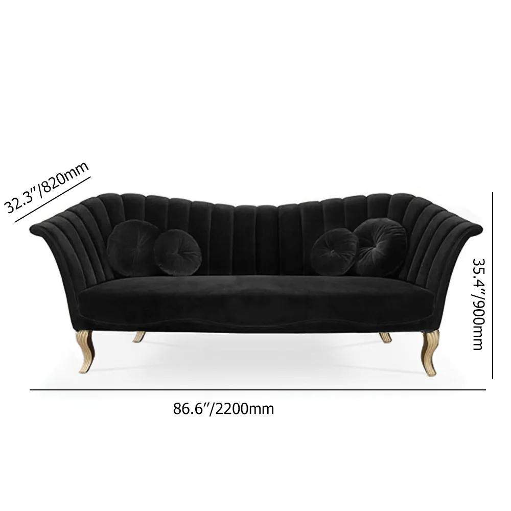 86.6" Black Velvet Upholstered Sofa Channel Tufted 3-Seater Sofa in Gold-Richsoul-Furniture,Living Room Furniture,Sofas & Loveseats