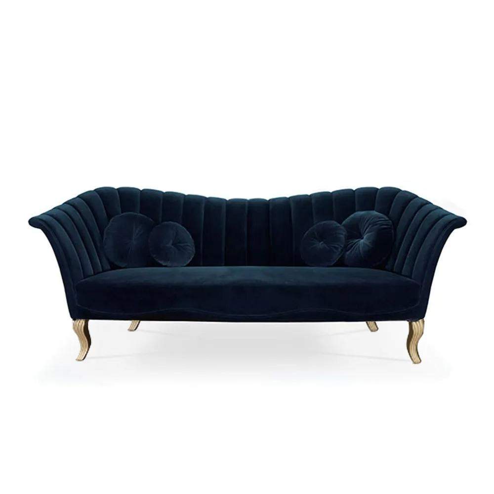 86.6" Black Velvet Upholstered Sofa Channel Tufted 3-Seater Sofa in Gold-Richsoul-Furniture,Living Room Furniture,Sofas & Loveseats
