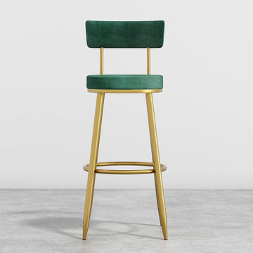 Round Green Bar Height Stool Velvet Upholstery with Back & Golden Footrest