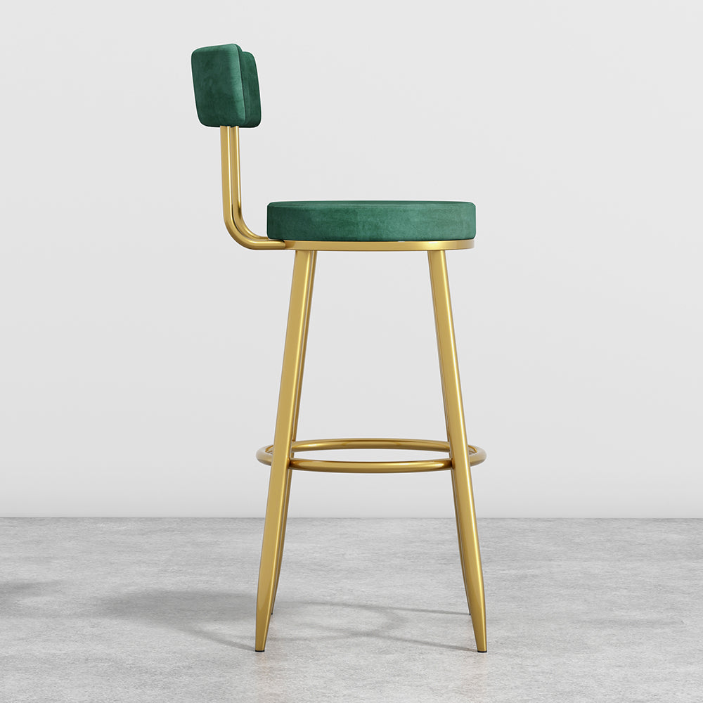 Round Green Bar Height Stool Velvet Upholstery with Back & Golden Footrest