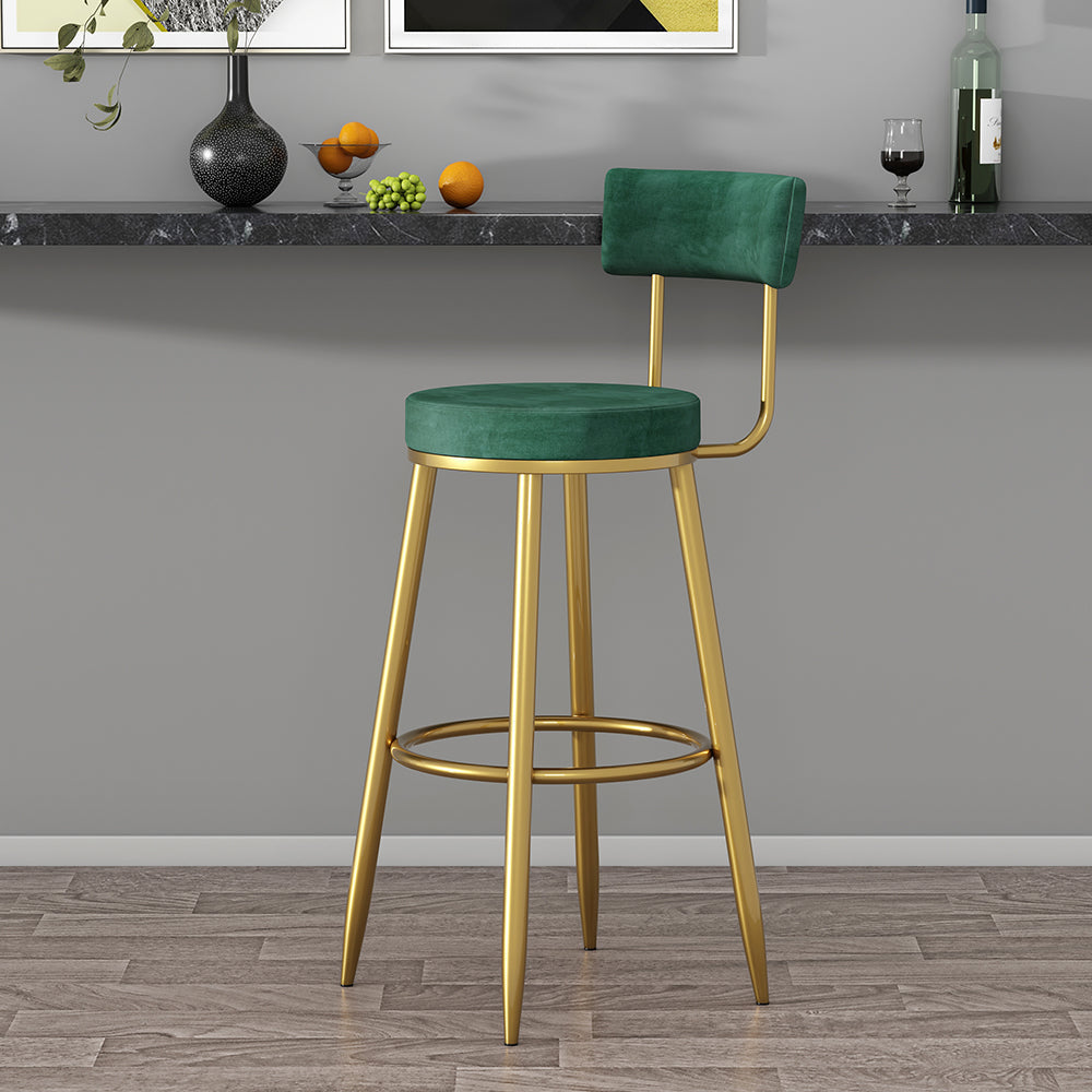 Round Green Bar Height Stool Velvet Upholstery with Back & Golden Footrest
