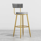 Round Gray Bar Height Stool Velvet Upholstery with Back & Golden Footrest