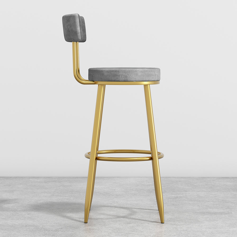 Round Gray Bar Height Stool Velvet Upholstery with Back & Golden Footrest