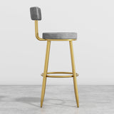 Round Gray Bar Height Stool Velvet Upholstery with Back & Golden Footrest