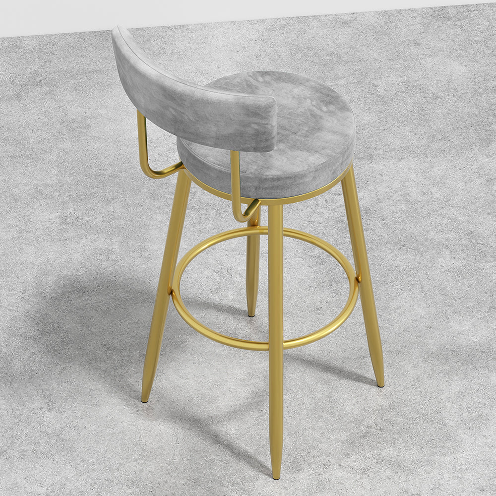 Round Gray Bar Height Stool Velvet Upholstery with Back & Golden Footrest
