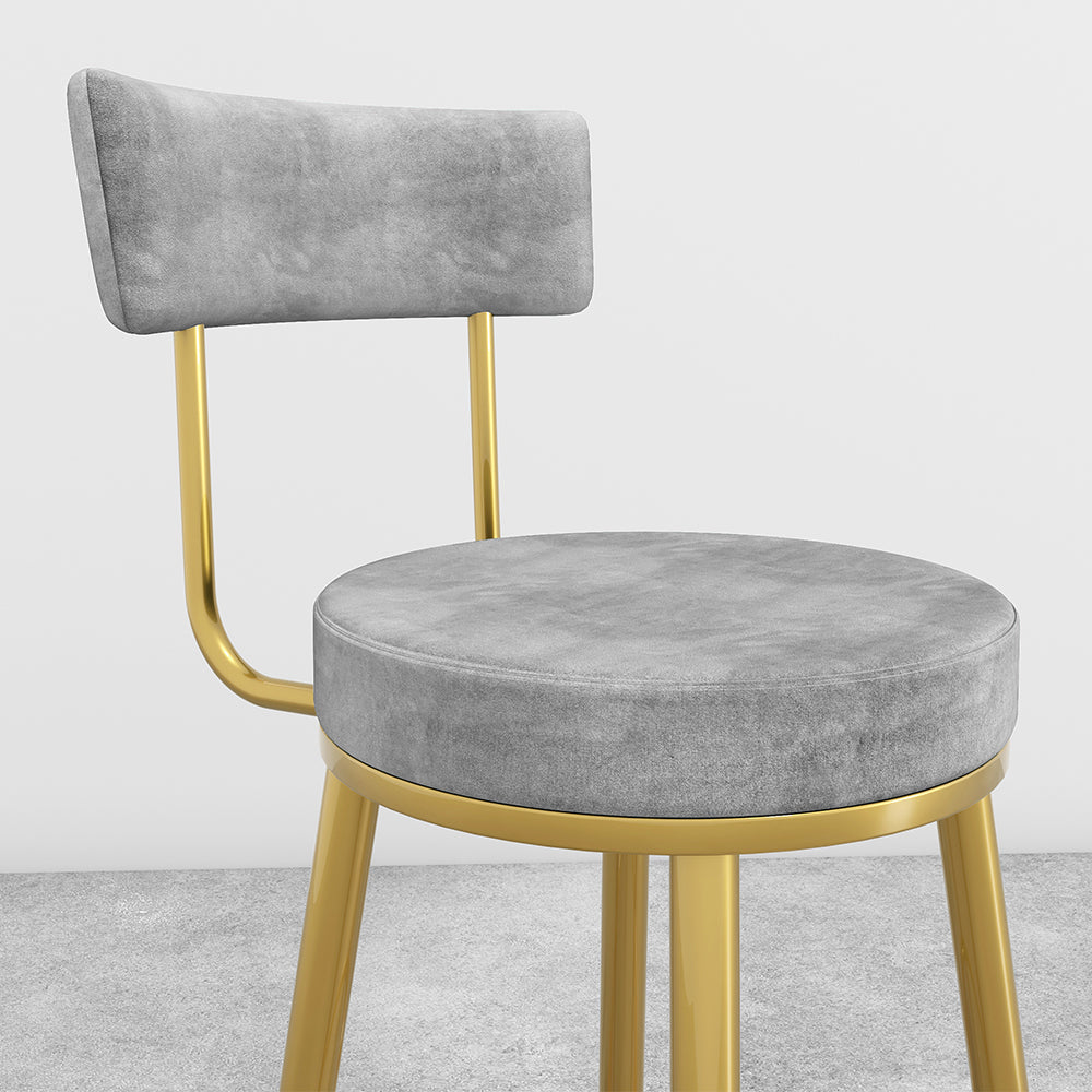 Round Gray Bar Height Stool Velvet Upholstery with Back & Golden Footrest