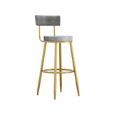 Round Gray Bar Height Stool Velvet Upholstery with Back & Golden Footrest