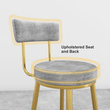 Round Gray Bar Height Stool Velvet Upholstery with Back & Golden Footrest