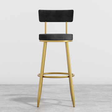 Round Black Velvet Upholstery Tall Bar Stool with Back & Golden Footrest