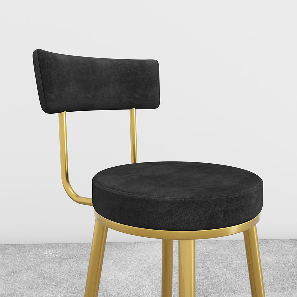 Round Black Velvet Upholstery Tall Bar Stool with Back & Golden Footrest