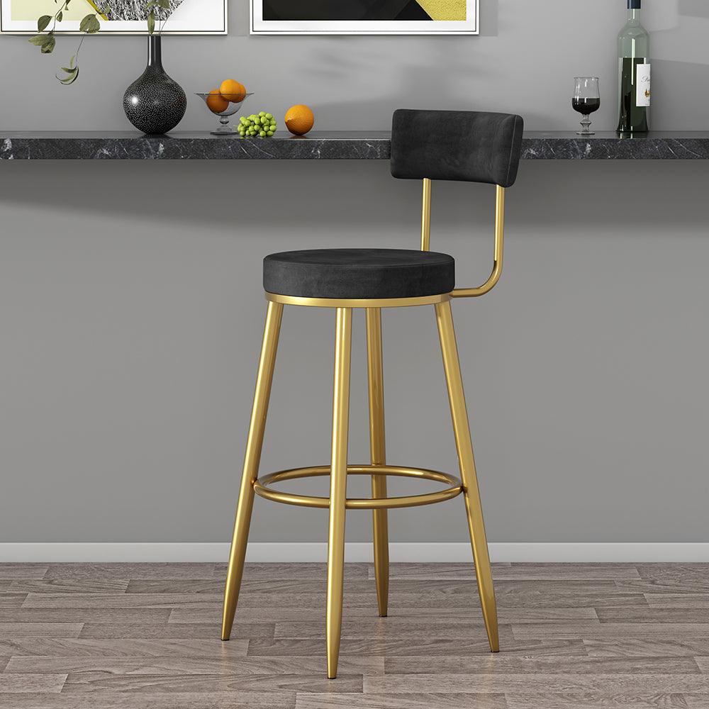Round Black Velvet Upholstery Tall Bar Stool with Back & Golden Footrest