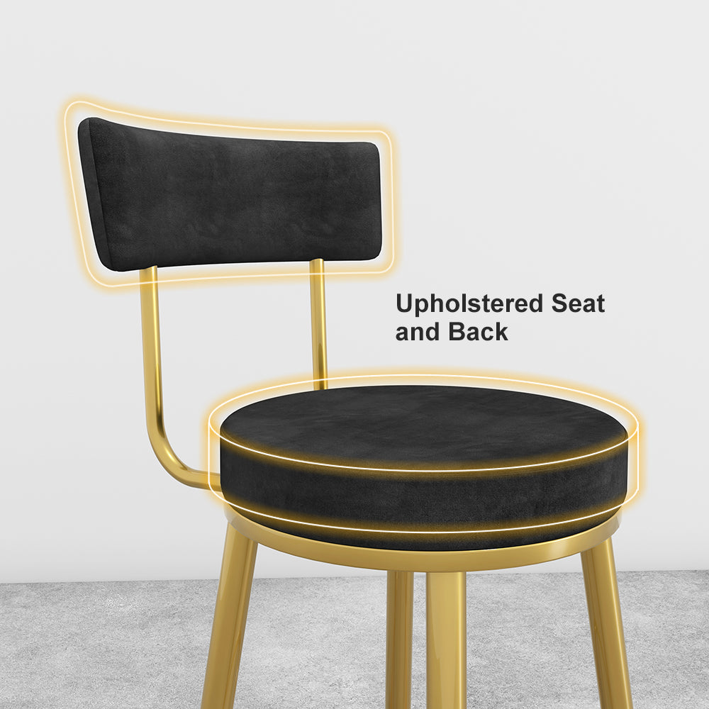 Round Black Velvet Upholstery Tall Bar Stool with Back & Golden Footrest