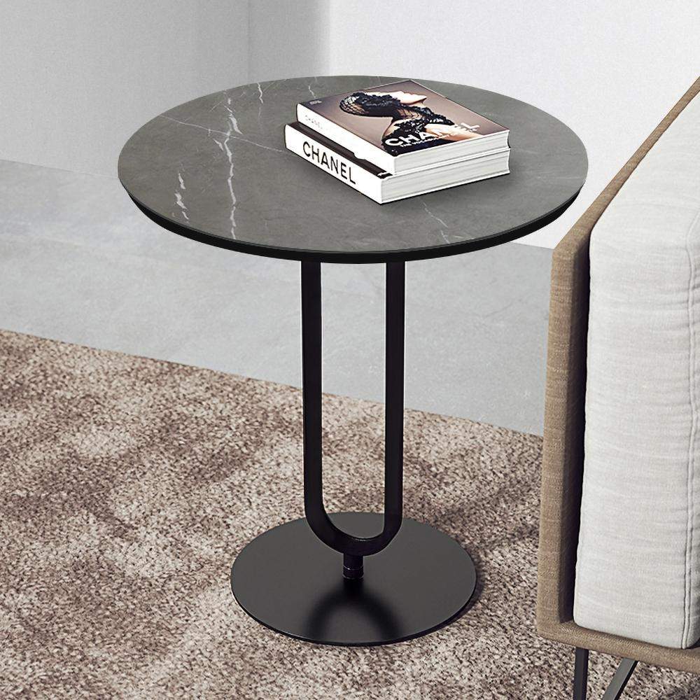 Modern Dark Gray Stone End Table Round Side Table Carbon Steel Base-Richsoul-End & Side Tables,Furniture,Living Room Furniture
