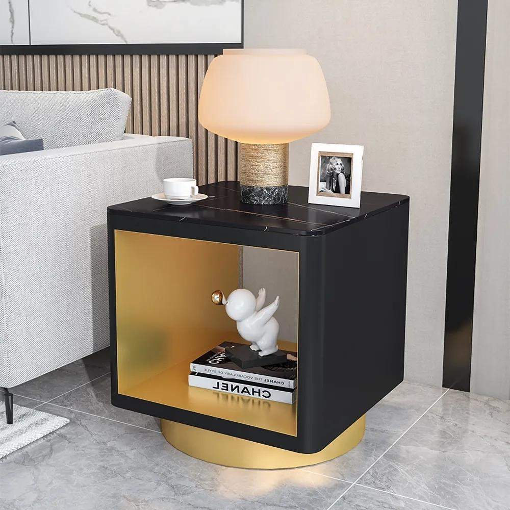 Modern Black Side Table with Storage Hollow Cube Table with Gold Metal Pedestal-Richsoul-End & Side Tables,Furniture,Living Room Furniture