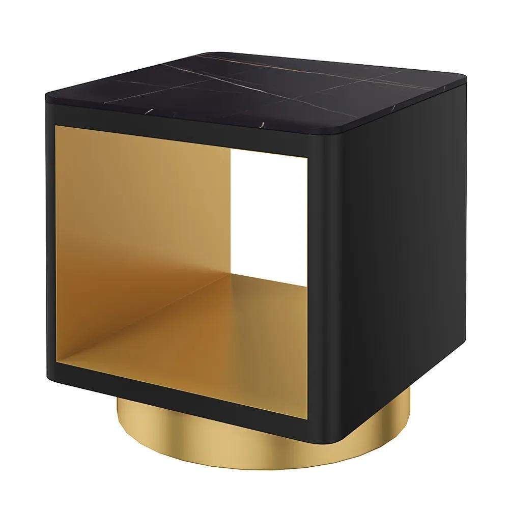 Modern Black Side Table with Storage Hollow Cube Table with Gold Metal Pedestal-Richsoul-End & Side Tables,Furniture,Living Room Furniture