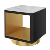 Modern Black Side Table with Storage Hollow Cube Table with Gold Metal Pedestal-Richsoul-End & Side Tables,Furniture,Living Room Furniture