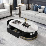 White Oval Storage Coffee Table with Drawers Stone Gold Base