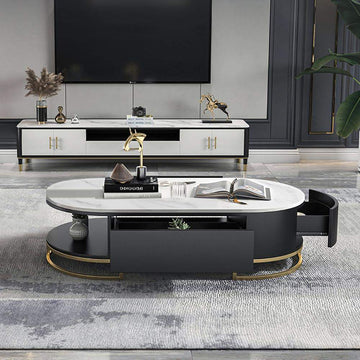 White Oval Storage Coffee Table with Drawers Stone Gold Base-Richsoul-Coffee Tables,Furniture,Living Room Furniture